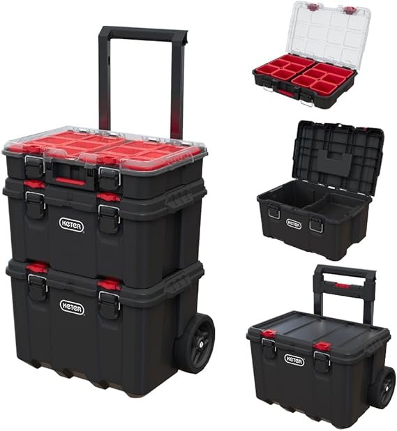 5133Am8ez8L._AC_SX569_-1.jpg Keter Stack-n-Roll Modular Tools Organizer for Garage Storage and DIY, 3 Piece Resin Rolling Tool Box System for Small Parts, Black - Image 1