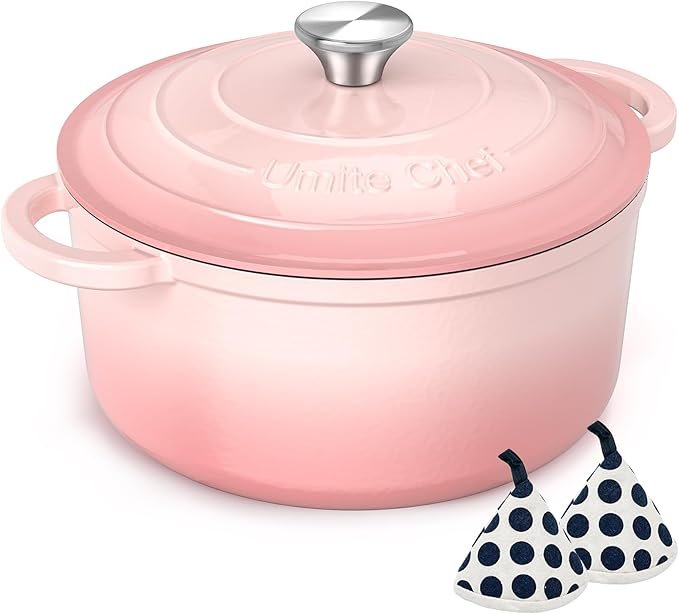 619F9Cdw0aL._AC_SX679_.jpg Umite Chef 5QT Enameled Cast Iron Dutch Oven Pot with Lid, Heavy-Duty Cookware for Bread Baking, Braising, Stews, Roasting, Wedding Registry Ideas & Gifts (Pink) - Image 1