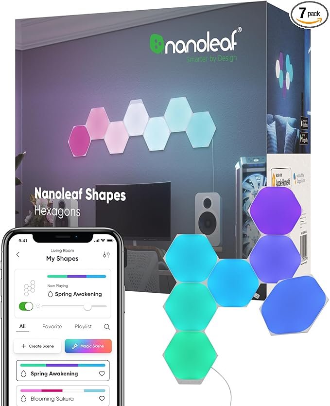 61EjNhroTL._AC_SX679_PIbundle-7TopRight00_SH20_.jpg Nanoleaf Shapes LED Wall Lights, RGBW Smart Wall Panels with 16M+ Color, Compatible with Alexa & Google Assistant, Music Sync, DIY Gaming Light for Home Decor (Hexagons Smarter Kit 7 Pack) - Image 1