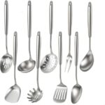 Newness 9 Pcs Cooking Utensils Set, 304 Stainless Steel Kitchen Utensils Set, Metal Kitchen Accessories, Include Soup Ladle, Slotted Skimmer Spoon, Spaghetti Spoon and Spatula, Dishwasher Safe