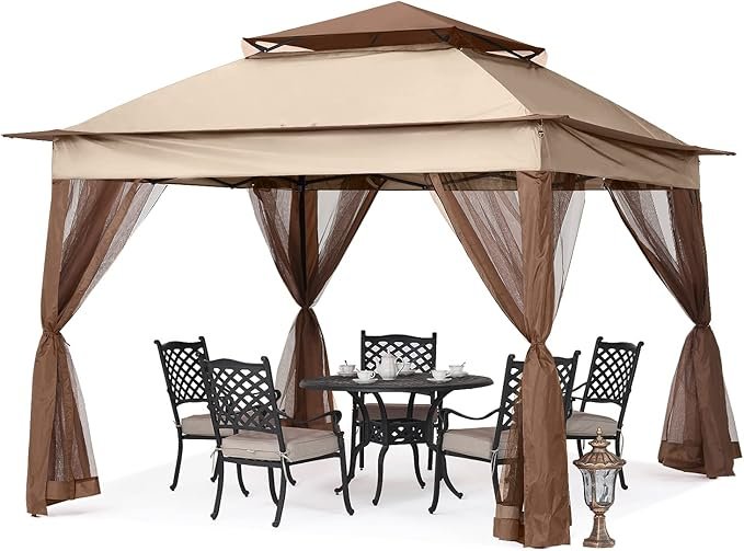 MASTERCANOPY Patio Gazebo Outdoor Pop Up Gazebo with Mesh Walls (11×11,Champagne)
