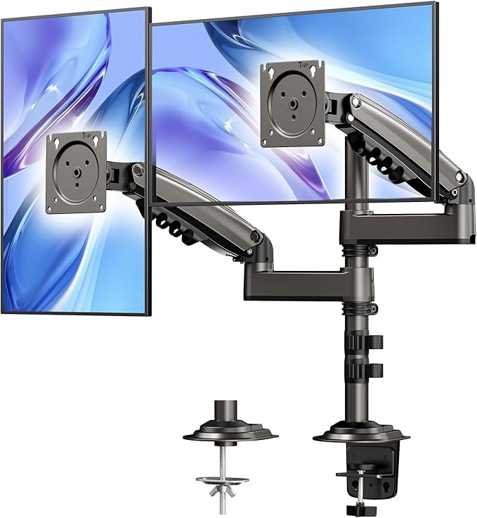 71svG-n9q-L._AC_SX679_.jpg HUANUO 17-32 Inch Dual Monitor Stand, Vertical Dual Monitor Mount, Monitor Stand 2 Monitors, Ergonomic Adjustable Tilt/Swivel/Rotate, Weight Max 19.8 lbs, VESA 75/100mm - Image 1