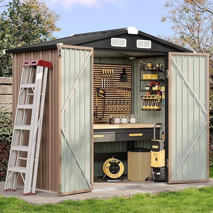 810ORxotJ3L._AC_SX679_-1.jpg Aoxun 6.2×4 FT Shed Outdoor Storage Shed with Lockable Doors & Slooping Roof Metal Garden Tool Shed for Backyard, Patio, Poolside (Brown) - Image 1