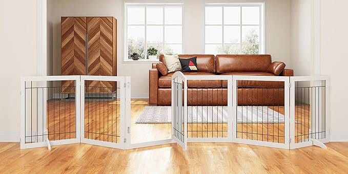 81IukVIFq4L._AC_SX679_.jpg PAWLAND 144-inch Extra Wide 30-inches Tall Dog gate with Door Walk Through, Freestanding Wire Pet Gate for The House, Doorway, Stairs, Pet Puppy Safety Fence, Support Feet Included, White,6 Panels - Image 1