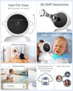 ARENTI Baby Monitor with 2 Cameras, 2K/3MP WiFi 6 Camera and Audio, 5-inch Wireless Screen, Smartphone App, Super Night Vision, Crying Detection, Auto Tracking, Temp&Humidity Sensor (D3 Set) - Image 3