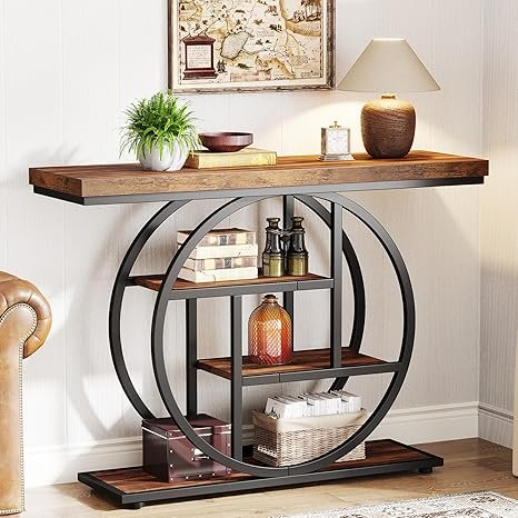 81xlIuXFUKL._AC_SX466_.jpg Tribesigns 41.3″ Console Table, Industrial 4-Tier Sofa Table Entryway Table with Circle Base, Narrow Wood Accent Tables with Storage Shelves for Living Room, Hallway, Foyer, Rustic Brown - Image 1