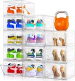 12 Pack Clear Shoe Storage Organizer with Magnetic Door,Stackable Plastic Shoe Boxes for Sneakers,Boots,and Heels,Space-Saving Foldable Shoe Rack for Closet,Durable Shoe Cabinet Organizer,White
